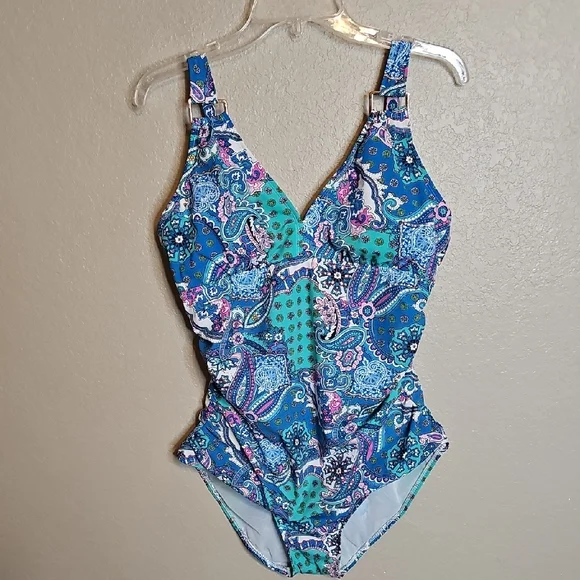 SPANX Multicolor Paisley Slimming Tummy Control Swimwear XL blue - Picture 1 of 7
